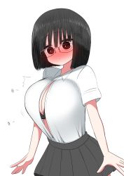 Rule 34 | 1girl, absurdres, black hair, blush, bob cut, breasts, bursting breasts, buttons, curvy, glasses, highres, large breasts, original, popped button, school uniform, shirt, short hair, simple background, skirt, solo, surprised, white background, white shirt, zurikishi