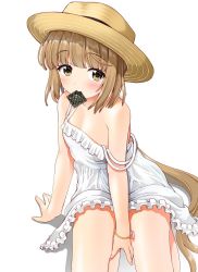 Rule 34 | 1girl, bare shoulders, between legs, blush, bracelet, breasts, brown eyes, brown hair, clothes lift, condom, condom in mouth, condom wrapper, dress, hand between legs, hat, highres, idolmaster, idolmaster cinderella girls, jewelry, kaishinshi, legs, long hair, looking at viewer, mouth hold, simple background, sitting, skirt, skirt lift, small breasts, solo, strap slip, sun hat, thighs, very long hair, white background, white dress, yorita yoshino