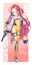 Rule 34 | 1girl, :o, antenna hair, artist name, blue archive, blue eyes, blush, bodysuit, bow, braid, breasts, commentary, covered navel, cropped jacket, forehead, full body, gun, hair bow, halo, highres, holding, holding gun, holding weapon, hood, hood down, hooded jacket, jacket, knee pads, leg up, long hair, long sleeves, looking at viewer, multiple hair bows, one side up, paid reward available, parted lips, pink background, red hair, saebashi, skindentation, small breasts, solo, standing, standing on one leg, thigh strap, twitter username, very long hair, weapon, white bow, white jacket, wide sleeves, yellow bodysuit, yellow halo, yuzu (blue archive)