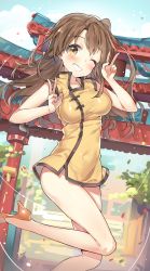 Rule 34 | 10s, 1girl, bad id, bad pixiv id, bare legs, blush, breasts, brown eyes, brown hair, china dress, chinese clothes, double v, dress, earrings, female focus, grin, high heels, highres, idolmaster, idolmaster cinderella girls, jewelry, large breasts, long hair, looking at viewer, no socks, one eye closed, shimamura uzuki, side ponytail, smile, solo, torii, v, yuran