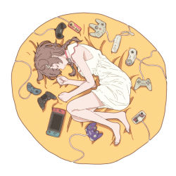 Rule 34 | 1girl, absurdres, animal ears, bare legs, barefoot, bone hair ornament, braid, breasts, brown hair, closed eyes, closed mouth, commentary, controller, dog ears, dog girl, dress, dualshock, famicom gamepad, from above, full body, game controller, gamecube controller, gamepad, hair ornament, hajime wataru, highres, hololive, inugami korone, inugami korone (1st costume), lying, medium breasts, medium hair, nintendo 64 controller, nintendo switch, on side, playstation controller, side braids, simple background, sleeping, sleeveless, sleeveless dress, smile, solo, super famicom gamepad, thighs, twin braids, virtual youtuber, white background, white dress, wii remote
