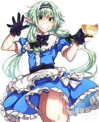 Rule 34 | 1girl, alternate costume, apron, belt, black belt, black bow, black gloves, black hairband, blue panties, blush, bow, cowboy shot, elf, gloves, goblin slayer!, green eyes, green hair, grin, hair bow, hair intakes, hairband, high elf archer (goblin slayer!), highres, holding, kankitukou, long hair, looking at viewer, panties, pointy ears, sidelocks, simple background, smile, solo, striped clothes, striped panties, teeth, underwear, waist apron, white apron, white background