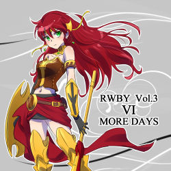 Rule 34 | 1girl, armband, armor, choker, countdown, earrings, english text, female focus, greaves, green eyes, hair down, highres, iesupa, jewelry, navel, polearm, pyrrha nikos, red hair, roman numeral, rwby, shield, skirt, solo, spear, standing, strapless, vambraces, weapon