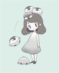 Rule 34 | &gt; &lt;, 1girl, animal, animal on head, ayu (mog), baby penguin, bird, bird on head, black footwear, blue background, blue eyes, blush, brown hair, chick, dress, emperor penguin, falling, gradient clothes, gradient dress, grey dress, long sleeves, on head, original, pantyhose, penguin, shoes, simple background, smile, solo, white pantyhose, | |