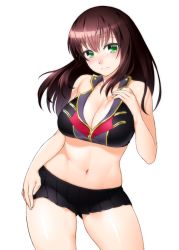 Rule 34 | 1girl, blush, breasts, brown hair, cleavage, contrapposto, curvy, female focus, green eyes, large breasts, long hair, midriff, miniskirt, navel, onsoku inu, pleated skirt, setsuko ohara, skirt, solo, standing, stomach, super robot wars, super robot wars z, super robot wars z1, thighs, underwear