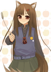 Rule 34 | 00s, animal ears, brown hair, hair ornament, hairclip, holo, long hair, mukoujima tenro, red eyes, solo, spice and wolf, tail, tenro, wheat, wolf ears, wolf tail