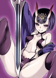 Rule 34 | 1girl, bob cut, breasts, clenched teeth, eitarou2828, eyebrows, fate/grand order, fate (series), horns, japanese clothes, kimono, looking at viewer, navel, pale skin, partially visible vulva, purple background, purple eyes, purple hair, short hair, shuten douji (fate), skin-covered horns, smile, solo, sword, teeth, thighhighs, weapon