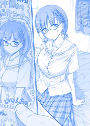 Rule 34 | 1girl, ai-chan (tawawa), alternate hairstyle, arm support, arms behind back, blue theme, blush, braid, breasts, collarbone, comic, commentary, eyebrows, frown, getsuyoubi no tawawa, glasses, hair tie, head tilt, himura kiseki, holding, large breasts, looking at viewer, low twintails, monochrome, on bed, original, photo (object), plaid, plaid skirt, pleated skirt, pov, school uniform, semi-rimless eyewear, serafuku, short hair, short twintails, side braid, silent comic, sitting, skirt, solo focus, twintails, under-rim eyewear