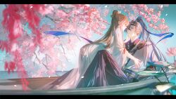 Rule 34 | 1boy, 1girl, absurdres, boat, brown hair, cherry blossoms, chinese clothes, code: kite, flower, fu rong (code: kite), guanglingwang, hanfu, highres, long hair, long sleeves, lotus, lotus leaf, tuzhate, water, watercraft, wide sleeves, xiao guan (headdress)
