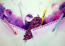 Rule 34 | acrylic paint (medium), crayon, floating, floating object, food, fruit, grapes, highres, marble (toy), no humans, noske, original, painting (medium), paper, still life, traditional media