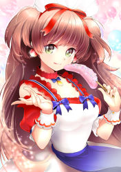 Rule 34 | 1girl, :3, :q, apron, player character (mabinogi), balloon, banana popsicle, blue apron, blue bow, bow, breasts, brown hair, character request, cleavage, collar, detached sleeves, dress, earrings, food, frills, green eyes, hair ribbon, hands up, holding, holding food, jewelry, long hair, looking at viewer, mabinogi, maid headdress, medium breasts, pendant, rarako, red ribbon, ribbon, smile, solo, sparkle, sprinkles, tongue, tongue out, two side up, upper body, very long hair, white dress, wrist cuffs