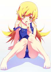 Rule 34 | 1girl, arm support, bare shoulders, barefoot, blonde hair, blue one-piece swimsuit, blush, blush stickers, cameltoe, cleft of venus, eating, flat chest, food, full body, gradient background, highres, holding, holding food, ice cream, long hair, looking at viewer, monogatari (series), one-piece swimsuit, open mouth, oshino shinobu, popsicle, school swimsuit, shiny skin, sitting, solo, strap slip, swimsuit, tanabe kyou, toes, yellow eyes