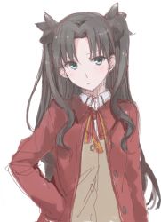 Rule 34 | 1girl, aqua eyes, black hair, blush, coat, fate/stay night, fate (series), hand on own hip, kirisawa saki, long hair, looking at viewer, red coat, simple background, solo, tohsaka rin, two side up, white background