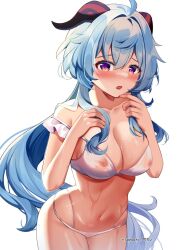 Rule 34 | 1girl, ahoge, alternate costume, artist name, bare shoulders, bikini, black horns, blue hair, blush, breasts, cleavage, collarbone, commentary, covered erect nipples, cowboy shot, dated commentary, english commentary, finger to mouth, frilled bikini, frills, from side, ganyu (genshin impact), genshin impact, goat horns, groin, hair between eyes, hand on own chest, hand up, highleg, highleg bikini, highres, horns, large breasts, long hair, looking at viewer, low ponytail, multi-strapped bikini bottom, multicolored eyes, multicolored horns, navel, nipples, nose blush, off-shoulder bikini, off shoulder, paid reward available, parted lips, ponytail, purple eyes, red horns, sasha chii, see-through, sideboob, sidelocks, simple background, skindentation, solo, standing, string bikini, sweat, swimsuit, thighs, two-tone horns, very long hair, wavy hair, wet, white background, white bikini, wide hips