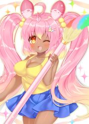 Rule 34 | 1girl, ;d, ahoge, bare arms, bare shoulders, blonde hair, blue skirt, breasts, cleavage, commission, dark-skinned female, dark skin, gradient hair, hair between eyes, hair bobbles, hair ornament, highres, holding, holding paintbrush, large breasts, long hair, looking at viewer, multicolored hair, one eye closed, open mouth, orange eyes, original, paintbrush, pink hair, pleated skirt, shikito (yawa0w0), skeb commission, skirt, smile, solo, sparkle, tank top, twintails, very long hair, white background, yellow tank top