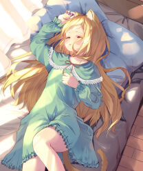 Rule 34 | 1girl, absurdres, animal ear fluff, animal ears, bed, blonde hair, cat ears, cat girl, cat tail, closed eyes, curtains, day, dress, green dress, hamaru (s5625t), head on pillow, highres, long hair, long sleeves, lying, on back, on bed, original, pillow, sleeping, tail