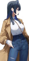 Rule 34 | 1girl, bag, black hair, blue eyes, blue pants, breasts, brown coat, coat, colored inner hair, cowboy shot, denim, expressionless, gnns, hair intakes, high-waist pants, highres, hololive, hololive english, jeans, long hair, long sleeves, medium breasts, multicolored hair, open clothes, open coat, ouro kronii, pants, profile, shirt, shirt tucked in, shoulder bag, simple background, solo, standing, torn clothes, torn pants, virtual youtuber, white background, white shirt, wing collar