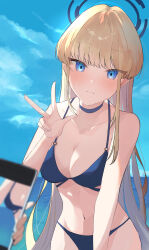 Rule 34 | 1girl, 1other, absurdres, bikini, blonde hair, blue archive, blue bikini, blue choker, blue eyes, blue halo, blue sky, breasts, cellphone, choker, cleavage, closed mouth, cloud, collarbone, day, dot nose, expressionless, halo, hand up, highres, holding, holding phone, long hair, looking at viewer, medium breasts, navel, ocean, outdoors, phone, sky, smartphone, solo, stomach, sukasusu 51te, swimsuit, taking picture, toki (blue archive), very long hair, w
