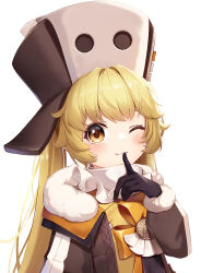 Rule 34 | 1girl, blonde hair, bow, brown coat, brown gloves, coat, finger to mouth, fur-trimmed coat, fur-trimmed sleeves, fur trim, gloves, hat, highres, honkai: star rail, honkai (series), hook (honkai: star rail), light blush, light smile, long hair, looking at viewer, one eye closed, open clothes, open coat, orange bow, quasar631, simple background, solo, twintails, upper body, white background, white hat, yellow eyes