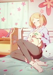 Rule 34 | 1girl, 3four, :3, bed sheet, black pantyhose, blonde hair, blush, book, closed eyes, closed mouth, collarbone, curtains, earbuds, earphones, flower, hair flower, hair ornament, head tilt, holding, long sleeves, on bed, pantyhose, petals, sakura trick, sitting, skirt, smile, socks, solid oval eyes, solo, sonoda yuu, stuffed animal, stuffed toy, sweater, twintails, white socks