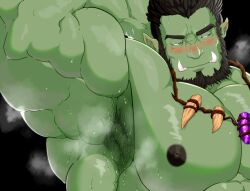 Rule 34 | 1boy, arm up, armpit focus, armpit stubble, armpits, averting eyes, bara, beard, blush, colored skin, facial hair, full beard, green skin, huge pectorals, jewelry, male focus, mature male, monster boy, muscular, muscular male, necklace, nipples, nude, orc, original, pointy ears, presenting armpit, short hair, shy, smell, solo, steaming body, sweat, tamineko, thick beard, thick eyebrows, tooth necklace, tsurime, tusks, upper body
