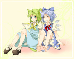 Rule 34 | 2girls, animal ears, bloomers, blue eyes, blue hair, blush, bow, cat ears, cat tail, cirno, daiyousei, closed eyes, fairy wings, green hair, grin, hair bow, ice, ice wings, kemonomimi mode, mary janes, misocha, multiple girls, puffy sleeves, shoes, short hair, short sleeves, sitting, smile, tail, touhou, underwear, wings