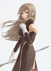 Rule 34 | 1girl, bare shoulders, blue eyes, breasts, brown dress, brown hair, brown sleeves, cowboy shot, detached sleeves, dress, floating hair, from side, gloves, grey background, hair behind ear, high collar, highres, holding, holding staff, long hair, looking at viewer, looking to the side, medium breasts, miura-n315, parted lips, red thighhighs, sidelocks, simple background, solo, staff, swept bangs, tales of (series), tear grants, thighhighs, twitter username, white gloves
