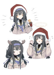 Rule 34 | &gt; &lt;, 1girl, absurdres, antlers, bags under eyes, bell, black hair, blue archive, blue hairband, blue neckerchief, cardigan, closed eyes, hairband, halo, hat, highres, horns, jingle bell, kilabo, long hair, low twintails, neckerchief, open mouth, reindeer antlers, sailor collar, santa hat, school uniform, serafuku, smile, solo, twintails, ui (blue archive), white serafuku