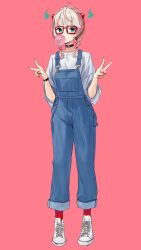 Rule 34 | 1girl, ahoge, airuier (vtuber), braid, breasts, blowing bubbles, chewing gum, choker, double v, earrings, full body, glasses, green eyes, hair ornament, hands up, high tops, highres, hitodama, indie virtual youtuber, jewelry, long sleeves, medium hair, overalls, pink background, pink hair, ranyu, red socks, shirt, shoes, sidelocks, simple background, small breasts, sneakers, socks, solo, standing, twin braids, v, virtual youtuber, white footwear, white shirt, wristband