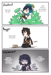 Rule 34 | 1girl, 2boys, 3koma, androgynous, artist request, black hair, black pants, black thighhighs, blush, bottle, braid, breasts, brown coat, brown hair, chibi, cleavage, closed eyes, coat, comic, drooling, drunk, english text, expressionless, full body, genshin impact, gloves, gradient hair, green headwear, green jacket, hair between eyes, hair ornament, hand to own mouth, happy, hat, highres, holding, holding bottle, hungry, jacket, japanese clothes, kimono, kneeling, long hair, long image, low-braided long hair, low-tied long hair, medium hair, mihoyo, motion lines, multicolored hair, multiple boys, open mouth, pants, ponytail, purple eyes, purple kimono, raiden shogun, short kimono, side braid, talking, tall image, tears, thighhighs, twin braids, venti (genshin impact), very long hair, wine bottle, worried, zhongli (genshin impact)