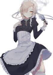 Rule 34 | 1girl, absurdres, apron, azur lane, black dress, blush, braid, chain, cowboy shot, dress, frilled dress, frilled sleeves, frills, garter belt, garter straps, hair over one eye, hand on own chest, highres, holding, kesoshirou, long sleeves, looking at viewer, maid, maid apron, maid headdress, parted lips, platinum blonde hair, sheffield (azur lane), short hair, skin tight, skindentation, smoke, solo, standing, thighhighs, waist apron, weapon, white apron, white background, white thighhighs, yellow eyes