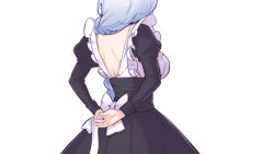 Rule 34 | 1girl, absurdres, adjusting clothes, apron, arms behind back, back, black dress, blue hair, bow, braid, breasts, dress, from behind, genshin impact, highres, large breasts, long hair, long sleeves, low-braided long hair, low-tied long hair, maid, maid apron, puffy long sleeves, puffy sleeves, shenhe (genshin impact), simple background, white background, yoru sei