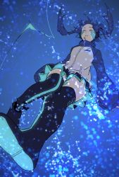 Rule 34 | 1girl, blue hair, blue theme, boots, ene (kagerou project), closed eyes, from below, jacket, kagerou project, miniskirt, nekome3, skirt, solo, thigh boots, thighhighs, track jacket, twintails