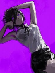 Rule 34 | 1girl, armpits, arms up, black hair, chainsaw man, collared shirt, hair between eyes, highres, looking at viewer, purple background, purple eyes, purple theme, raberu ruru, reze (chainsaw man), shirt, short hair, simple background, sleeveless, sleeveless shirt, solo, white shirt