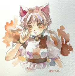 Rule 34 | 1girl, absurdres, animal ears, bell, bracelet, breasts, calico, cat ears, cat girl, cat tail, dated, goutokuji mike, highres, jewelry, looking at viewer, multicolored clothes, multicolored hair, multicolored tail, neck bell, one-hour drawing challenge, painting (medium), puffy short sleeves, puffy sleeves, shiroma (mamiko), short sleeves, simple background, streaked hair, tail, touhou, traditional media, watercolor (medium)