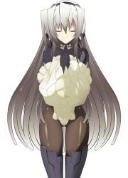 Rule 34 | 1girl, absurdres, bodysuit, boots, closed eyes, gluteal fold, highres, horizon ariadust, kyoukaisenjou no horizon, long hair, non-web source, nouillee, pantyhose, silver hair, simple background, solo, thigh boots, thighhighs, transparent background, vector trace, very long hair