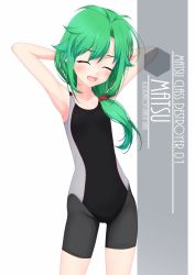Rule 34 | 1girl, antenna hair, arms behind head, artist name, black one-piece swimsuit, character name, collarbone, competition swimsuit, cowboy shot, closed eyes, flat chest, green hair, hair over shoulder, highres, inaba shiki, kantai collection, long hair, looking at viewer, matsu (kancolle), multicolored clothes, multicolored swimsuit, one-piece swimsuit, solo, standing, swimsuit