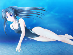 Rule 34 | black hair, blue eyes, competition swimsuit, long hair, non-web source, one-piece swimsuit, ponytail, solo, swimming, swimsuit, underwater