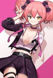 1girl belt_buckle black_choker black_shorts bow breasts buckle choker cleavage collarbone hair_bow highres horskaman idolmaster idolmaster_cinderella_girls jougasaki_mika long_hair looking_at_viewer medium_breasts pink_hair shirt shorts solo twintails v white_shirt yellow_eyes