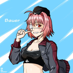Rule 34 | 1girl, adapted costume, bauer (girls und panzer), breasts, cleavage, emblem, eyepatch, finger to cheek, garrison cap, girls und panzer, girls und panzer ribbon no musha, grin, hair intakes, hat, jacket, medical eyepatch, midriff, nishi itsumi, pink hair, pointing, pointing at self, red eyes, short hair, smile, sports bra, sportswear, track jacket