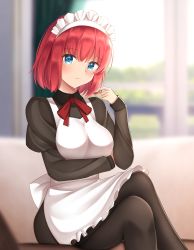 Rule 34 | 1girl, absurdres, apron, black dress, black pantyhose, blue eyes, blurry, blurry background, blush, breasts, commentary, couch, crossed legs, dress, hand in own hair, highres, hisui (tsukihime), indoors, juliet sleeves, long sleeves, looking at viewer, maid, maid apron, maid headdress, medium breasts, neck ribbon, pantyhose, puffy sleeves, red hair, red ribbon, ribbon, short hair, sitting, solo, thighs, tsukihime, white apron, zero0ex