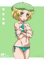Rule 34 | 1girl, bianca (pokemon), bikini, bikini in mouth, blonde hair, blush, cameltoe, clothes in mouth, covering breasts, covering privates, creatures (company), game freak, green background, green bikini, green eyes, green hat, groin, hat, jaga note, mouth hold, navel, nintendo, pokemon, short hair, side-tie bikini bottom, solo, swimsuit, swimsuit in mouth, untied bikini
