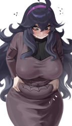 Rule 34 | 1girl, @ @, absurdres, ahoge, alternate breast size, belly, belly grab, black hair, blush, breasts, creatures (company), dress, game freak, hair between eyes, hairband, hex maniac (pokemon), highres, huge breasts, long hair, messy hair, nia (nia4294), nintendo, pinching, plump, pokemon, pokemon xy, purple eyes, purple hairband, simple background, solo, tight clothes, tight dress, weight conscious, white background