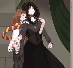 Rule 34 | :d, bellatrix lestrange, black dress, black nails, blood, brown hair, closed eyes, collarbone, cowboy shot, d:, dress, harry potter (series), hermione granger, highres, hiwonoafu, holding, holding knife, holding wand, jewelry, knife, long hair, looking at another, nail polish, necklace, open mouth, pale skin, red scarf, runny makeup, scarf, smile, striped clothes, striped scarf, teeth, upper teeth only, wand, wizarding world