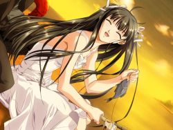 Rule 34 | 1boy, 1girl, :d, ^ ^, amagi kojirou, antenna hair, bare shoulders, black hair, breasts, cleavage, closed eyes, cloud, dress, eve (series), eve ~new generation x~, fish, fishing, fishing line, fishing rod, formal, from side, game cg, hair ribbon, happy, hashimoto takashi, holding, industrial pipe, kizeki noi, long hair, looking back, open mouth, outdoors, pier, ribbon, sitting, sky, smile, solo focus, source request, suit, sundress, sunset, two side up, water, white dress