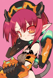 Rule 34 | 1girl, :o, armband, bad id, bad pixiv id, blade (galaxist), blush, breasts, cat tail, chibi, copyright name, covered erect nipples, gauntlets, halterneck, headdress, holding own arm, looking at viewer, medium breasts, midriff, orange eyes, phantasy star, phantasy star universe, pink background, pointy ears, red eyes, red hair, side ponytail, simple background, solo, tail