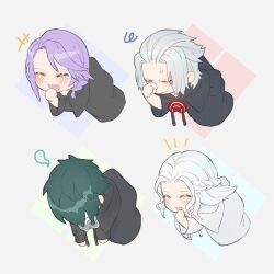 Rule 34 | 1girl, 3boys, ^ ^, annoyed, black robe, blush, braid, chibi, closed eyes, commentary, drawstring, emet-selch, final fantasy, final fantasy xiv, from side, frown, full body, furrowed brow, green hair, grey hair, half updo, hand on own face, hermes (ff14), hythlodaeus, laughing, mask, mask around neck, medium hair, multiple boys, notice lines, open mouth, purple hair, robe, short hair, side braid, simple background, single braid, smile, squiggle, sweatdrop, unworn mask, uori, venat (ff14), white background, white hair, white robe