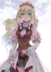Rule 34 | 1girl, aqua eyes, black skirt, blonde hair, blue feathers, braid, breasts, brown vest, cloud, cloudy sky, cowboy shot, feathers, flower, hair flower, hair ornament, high collar, holding, holding feather, long hair, long sleeves, looking at viewer, medium breasts, multiple braids, niku (mikantabetaizoo), pink shirt, puffy long sleeves, puffy short sleeves, puffy sleeves, shirley fennes, shirt, shirt under shirt, short sleeves, showgirl skirt, sidelocks, skirt, sky, solo, tales of (series), tales of legendia, two-sided fabric, two-sided skirt, v-shaped eyebrows, vest, wavy hair, white shirt, white skirt