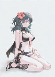 Rule 34 | 1girl, 21 (nijuichinichi), aqua hair, bikini, black bikini, boots, breasts, byleth (female) (fire emblem), byleth (female) (summer) (fire emblem), byleth (fire emblem), choker, dagger, fire emblem, fire emblem: three houses, fire emblem heroes, flower, hair flower, hair ornament, hand on own thigh, high heel boots, high heels, knife, large breasts, nintendo, official alternate costume, simple background, solo, swimsuit, weapon, white background
