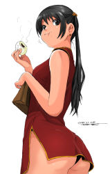 Rule 34 | 1girl, ass, black eyes, black hair, china dress, chinese clothes, dress, eating, food, long hair, mochi, original, panties, ryouzou, simple background, solo, twintails, underwear, upskirt, wagashi